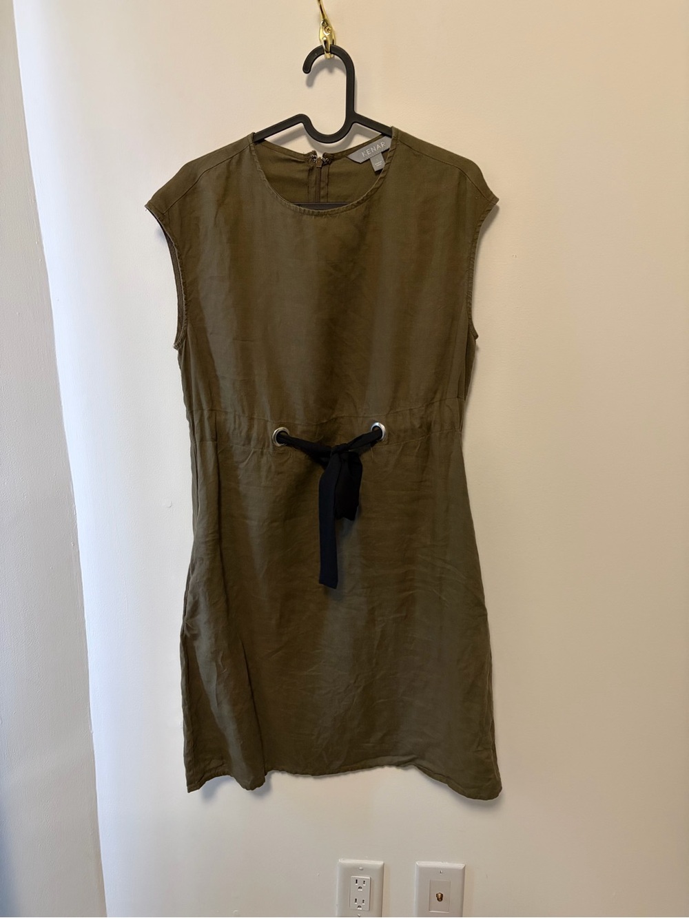 Kenar Olive Green Sleeveless Mini Dress with Black Tie